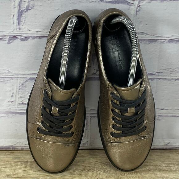 ECCO Soft Metallic Gold Leather Casual Sneakers EU 38 US 7-7.5 Lace-Up Bronze - Picture 6 of 13